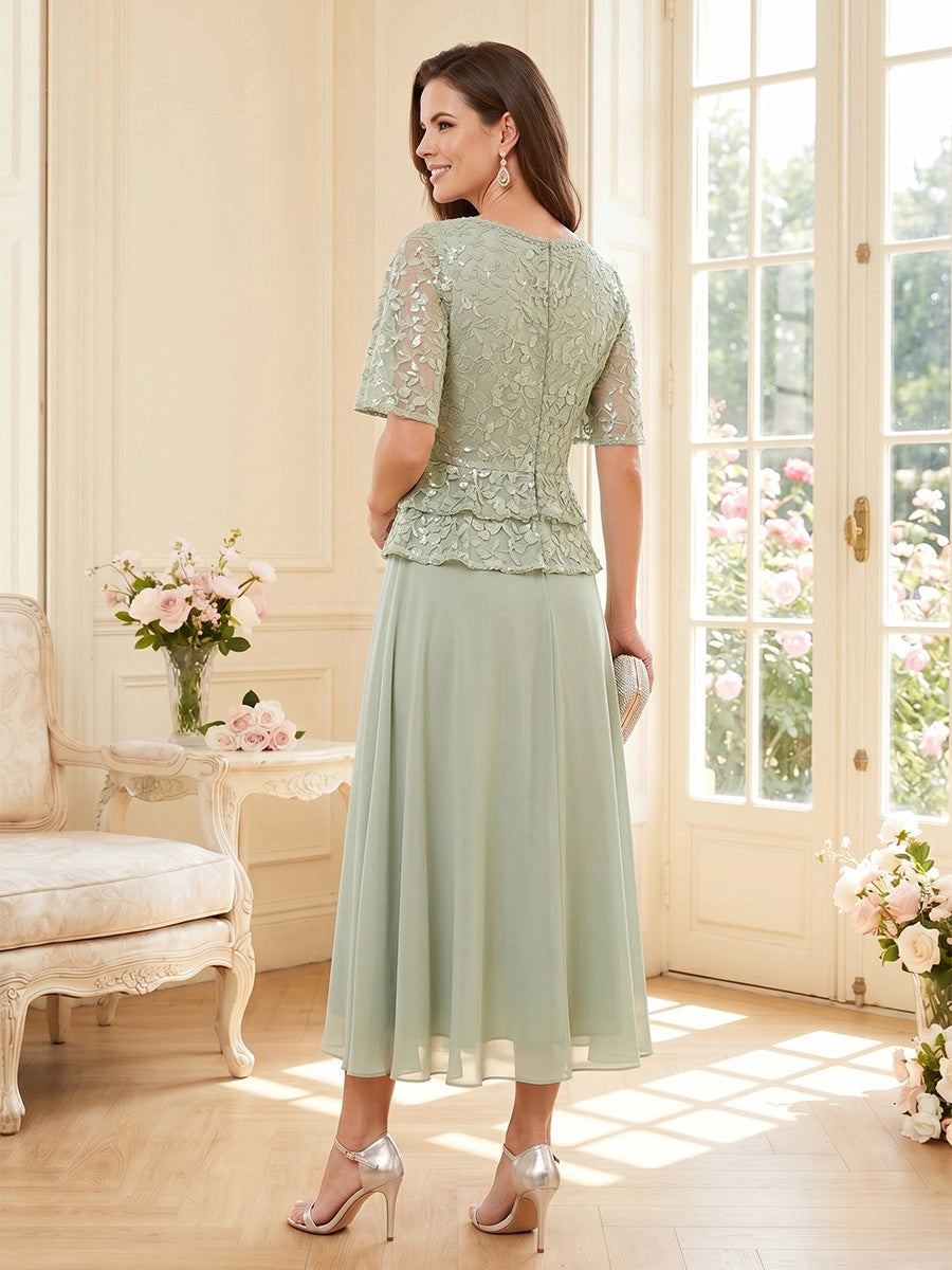 Elegant A-Line Round Neck Short Sleeve Zipper Back Tea Length Mother of the Bride Dress