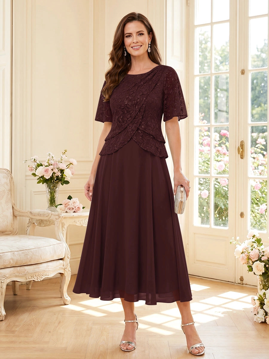 Elegant A-Line Round Neck Short Sleeve Zipper Back Tea Length Mother of the Bride Dress