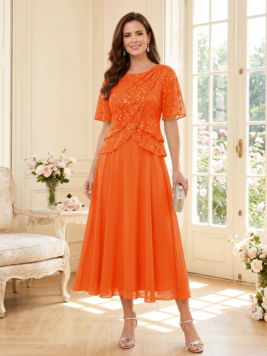 Elegant A-Line Round Neck Short Sleeve Zipper Back Tea Length Mother of the Bride Dress