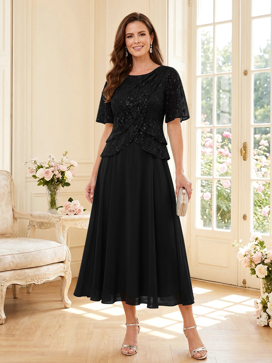Elegant A-Line Round Neck Short Sleeve Zipper Back Tea Length Mother of the Bride Dress