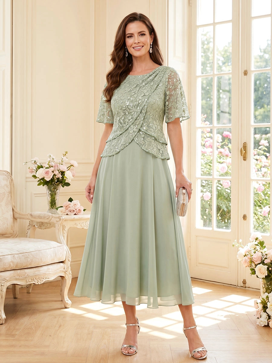 Front view of Loverlm sage green Mother of the Bride Dress featuring floral lace short sleeves, layered bodice and flowing tea-length A-line skirt.