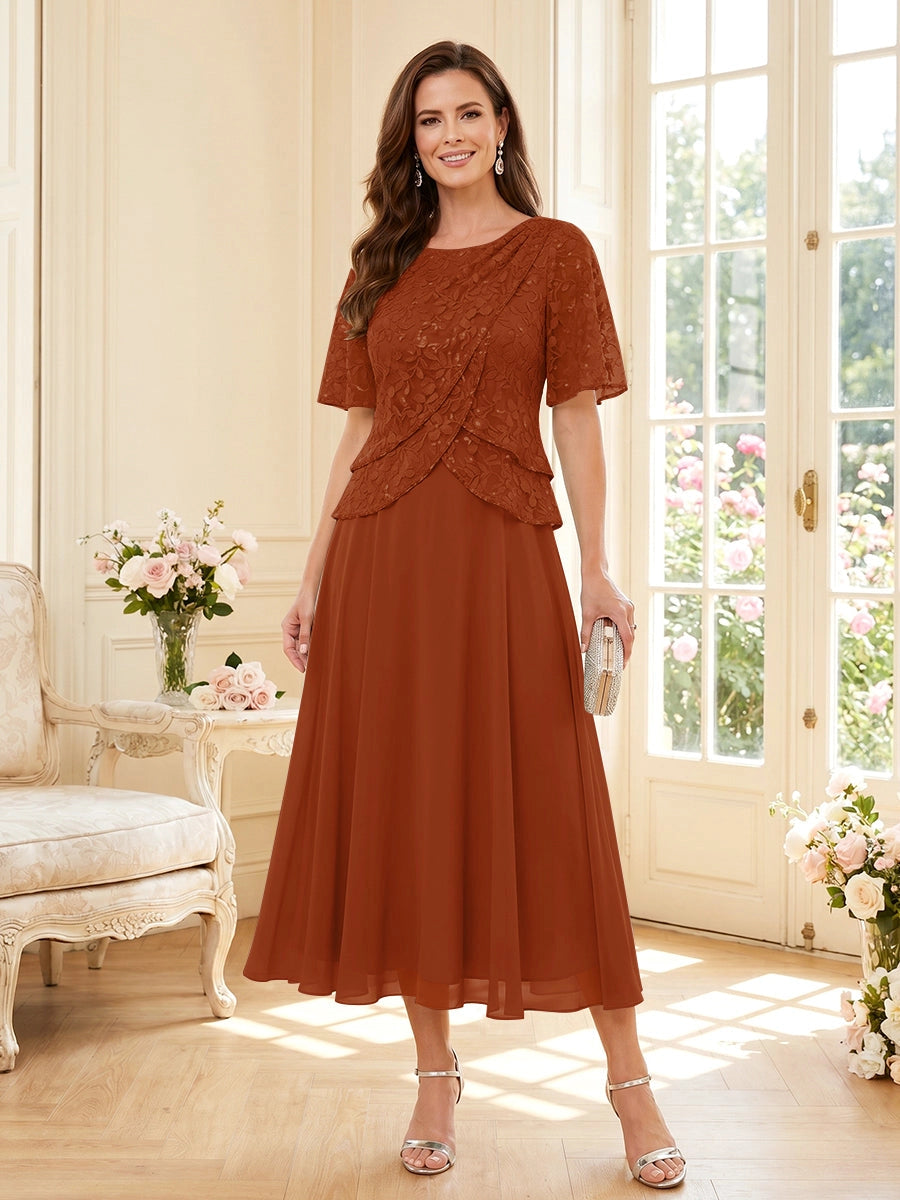 Elegant A-Line Round Neck Short Sleeve Zipper Back Tea Length Mother of the Bride Dress