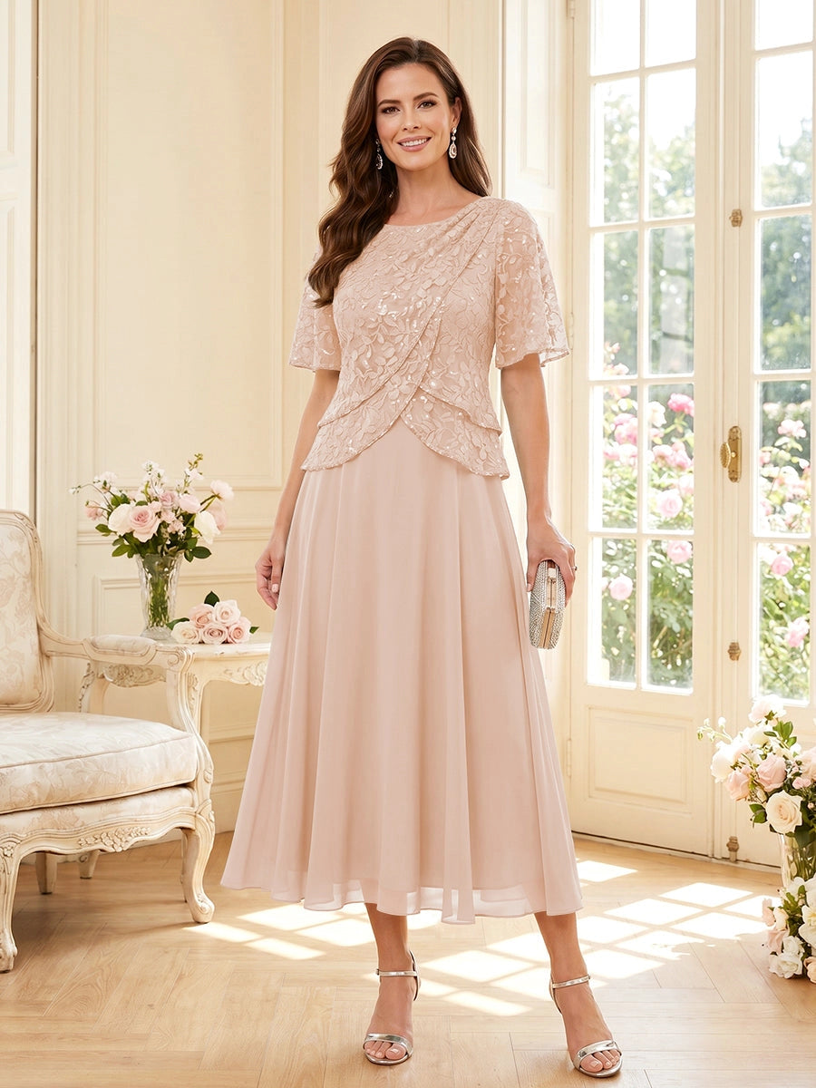 Elegant A-Line Round Neck Short Sleeve Zipper Back Tea Length Mother of the Bride Dress