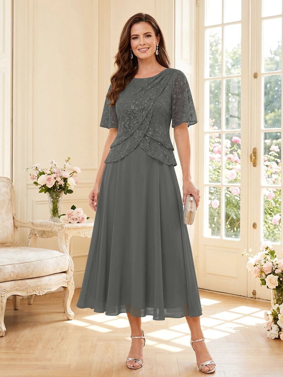 Elegant A-Line Round Neck Short Sleeve Zipper Back Tea Length Mother of the Bride Dress