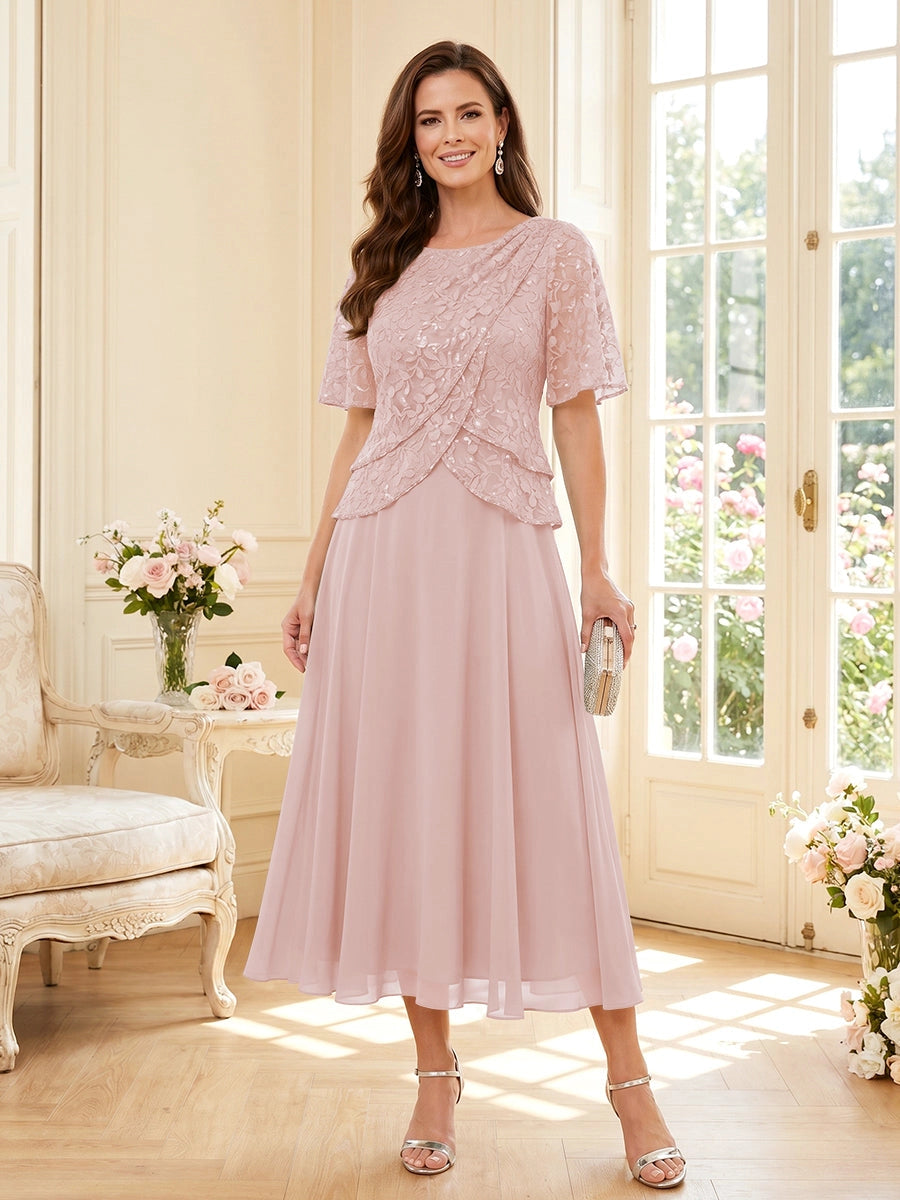 Elegant A-Line Round Neck Short Sleeve Zipper Back Tea Length Mother of the Bride Dress