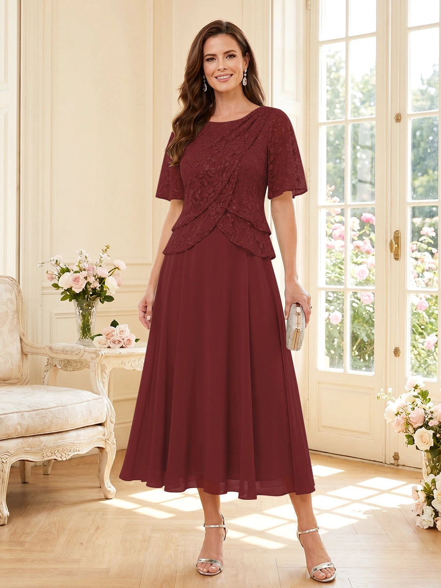 Elegant A-Line Round Neck Short Sleeve Zipper Back Tea Length Mother of the Bride Dress