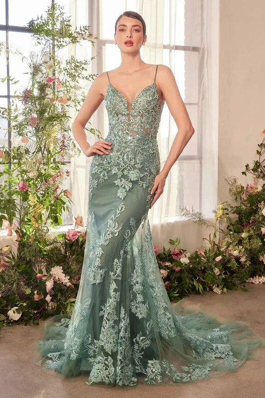 Loverlm sage green floral lace mermaid V neck evening dress front