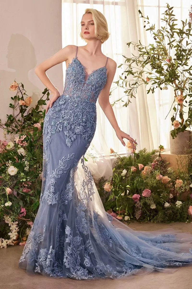 Elegant Mermaid V-Neck Spaghetti Strap Low Back Floor-Length Evening Dress