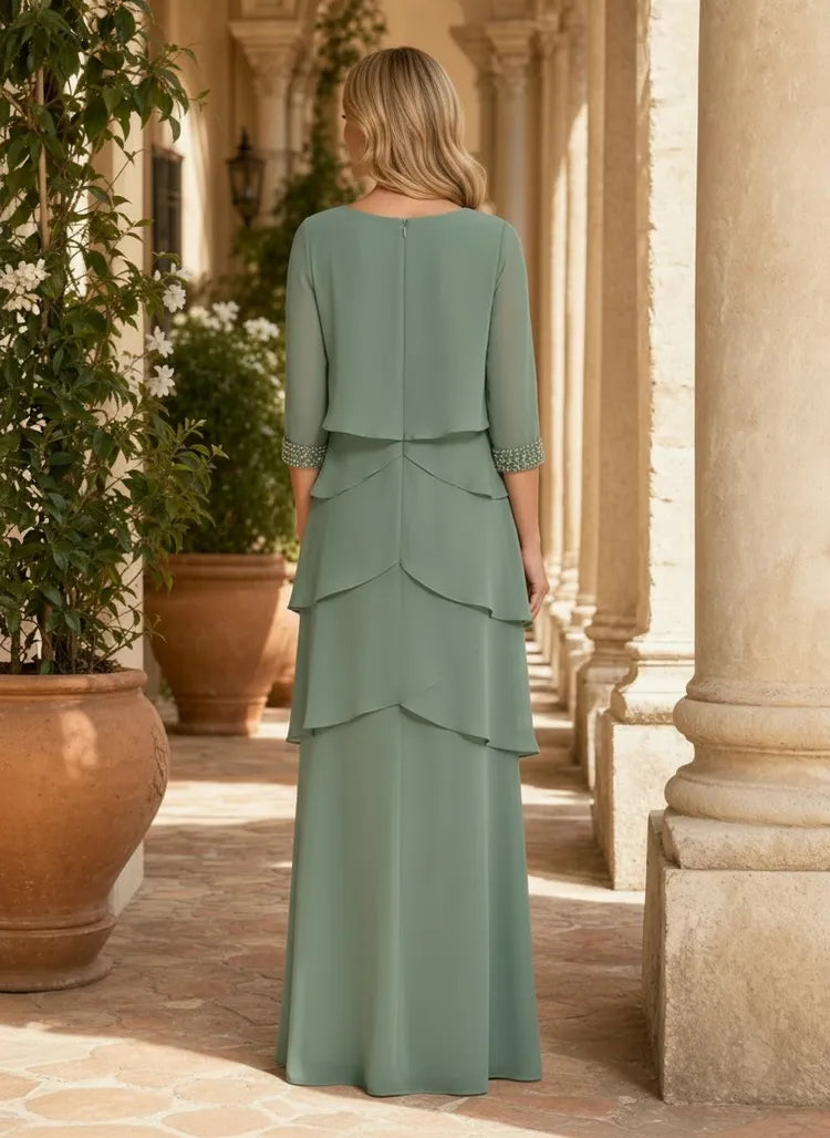 Elegant A-Line Round-Neck Three-Quarter-Sleeve Chiffon Floor-Length Mother of the Bride Dress