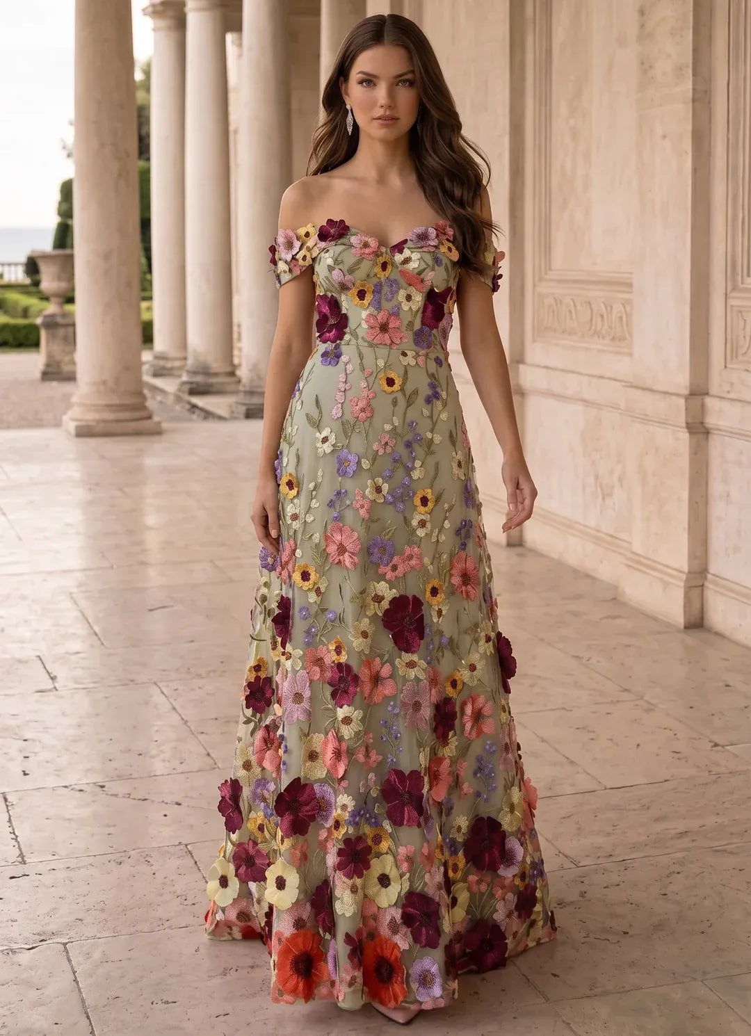 Loverlm sage green off-shoulder floral A-line wedding guest dress