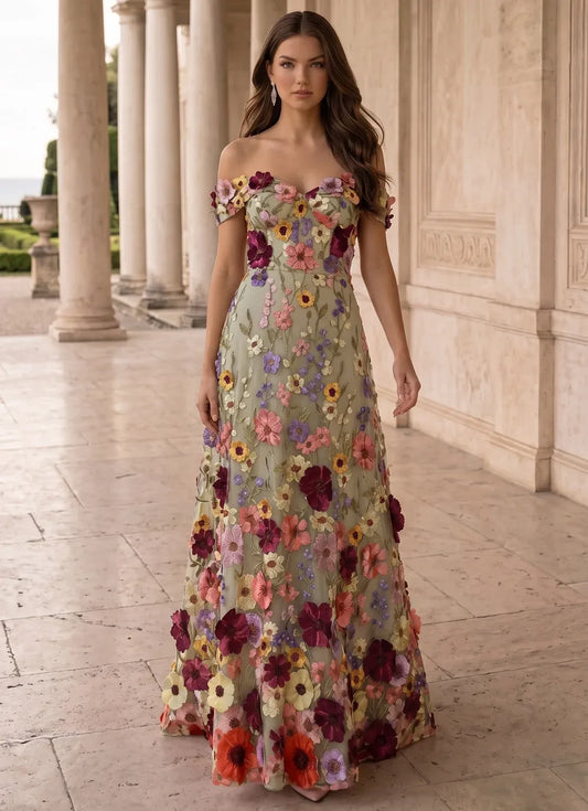Loverlm sage green off-shoulder floral A-line wedding guest dress