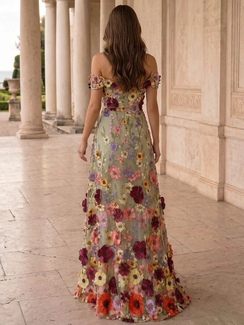 Romantic A-Line Off-Shoulder Short-Sleeve Zip-Back Floor-Length Floral Wedding Guest Dress