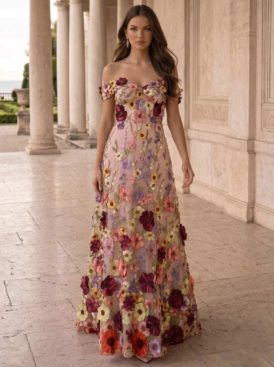Romantic A-Line Off-Shoulder Short-Sleeve Zip-Back Floor-Length Floral Wedding Guest Dress