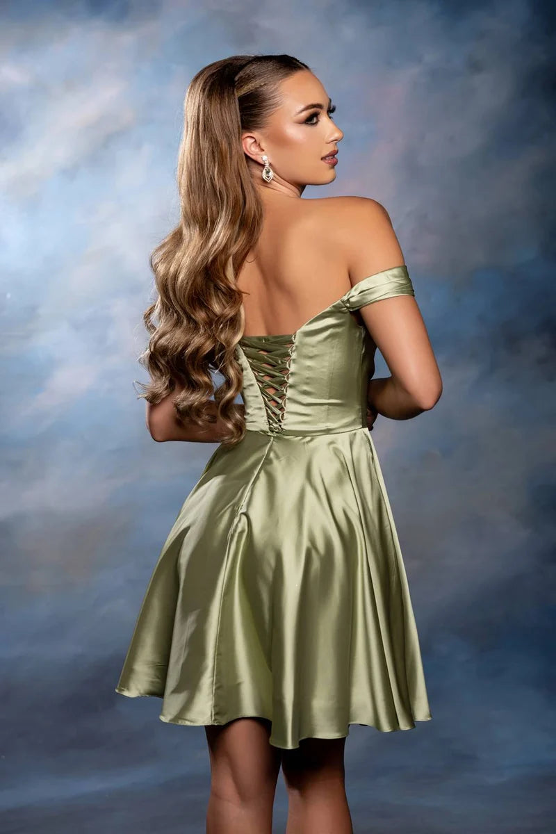 Elegant A-Line Sweetheart Off-Shoulder Lace-Up Satin Mini Homecoming Dress