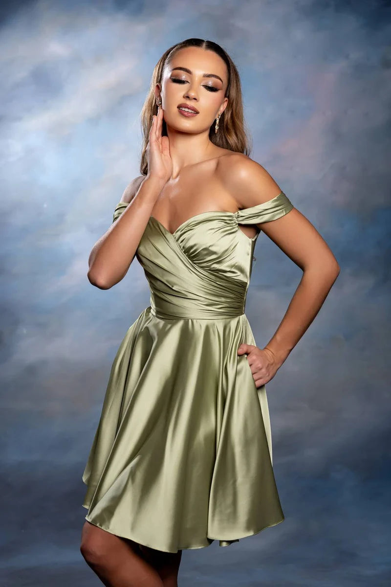 Elegant A-Line Sweetheart Off-Shoulder Lace-Up Satin Mini Homecoming Dress