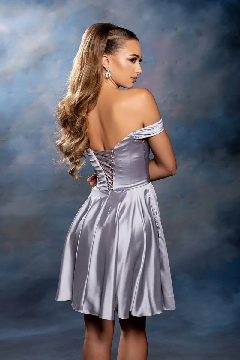 Elegant A-Line Sweetheart Off-Shoulder Lace-Up Satin Mini Homecoming Dress