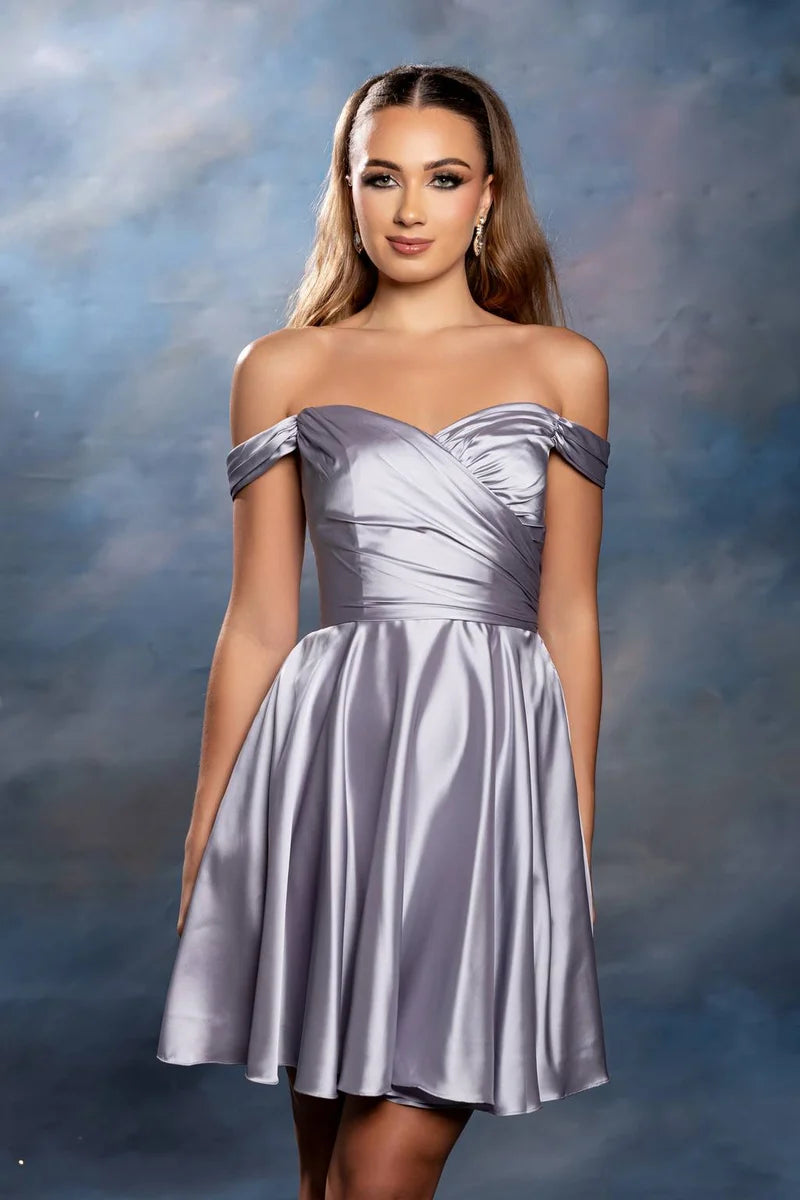 Elegant A-Line Sweetheart Off-Shoulder Lace-Up Satin Mini Homecoming Dress