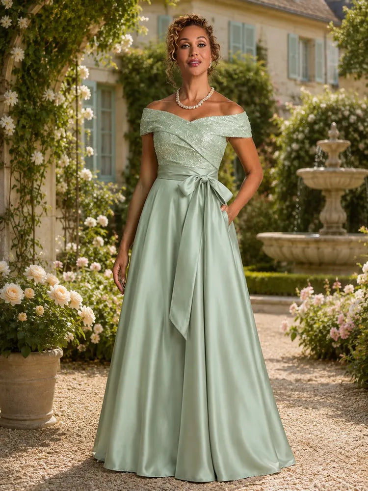 Loverlm sage green Mother of the Bride dress with off-shoulder sequin bodice satin bow waist and floor-length A-line skirt