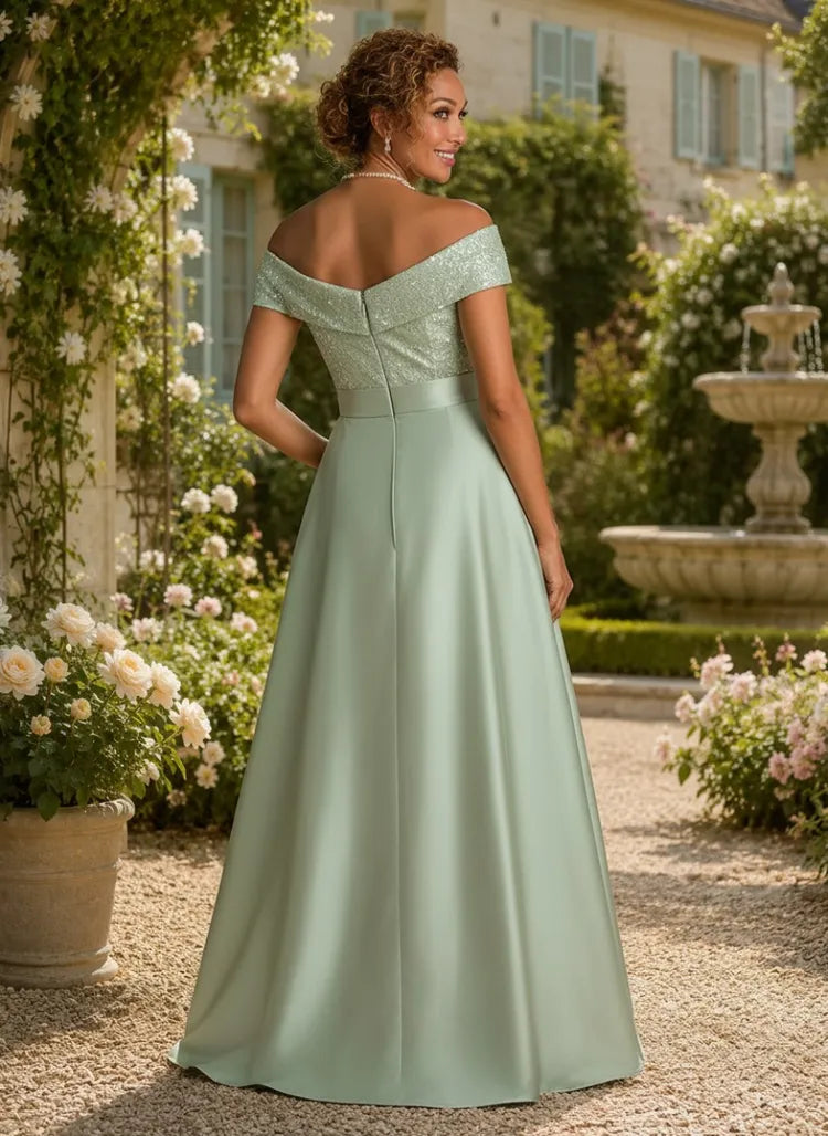 Elegant A-Line Off-Shoulder Short-Sleeve Sequin Satin Floor-Length Mother of the Bride Dress