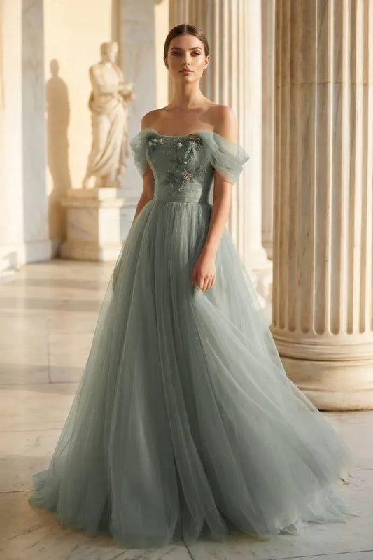 Loverlm sage green off shoulder tulle A-line prom dress with floral embroidery front view