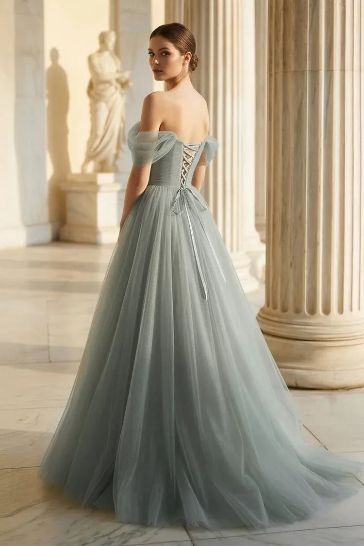 Elegant A-Line Off Shoulder Short Sleeve Lace Up Floor Length Prom Dress