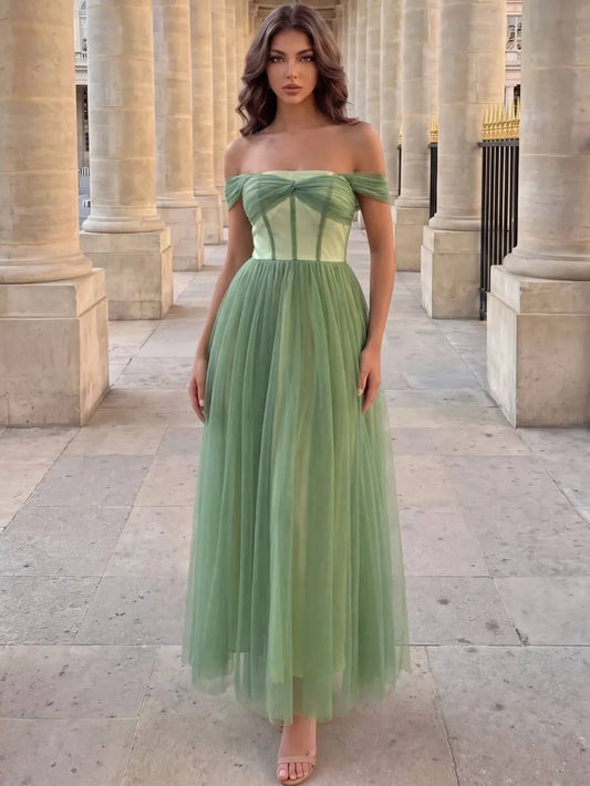 Loverlm sage green off-shoulder wedding guest dress with fitted bodice and tulle midi skirt