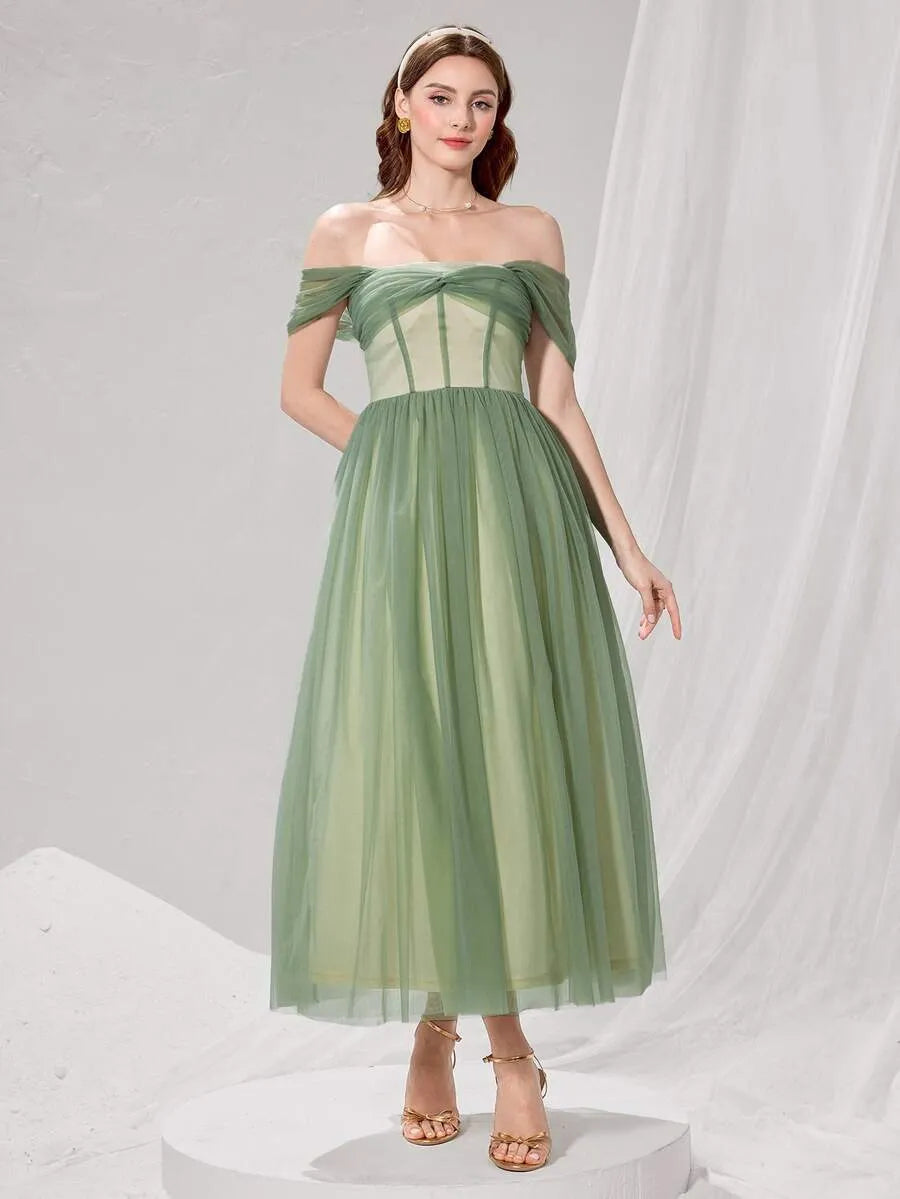 Elegant A-Line Off-Shoulder Short-Sleeve Zip-Back Tulle Midi Wedding Guest Dress