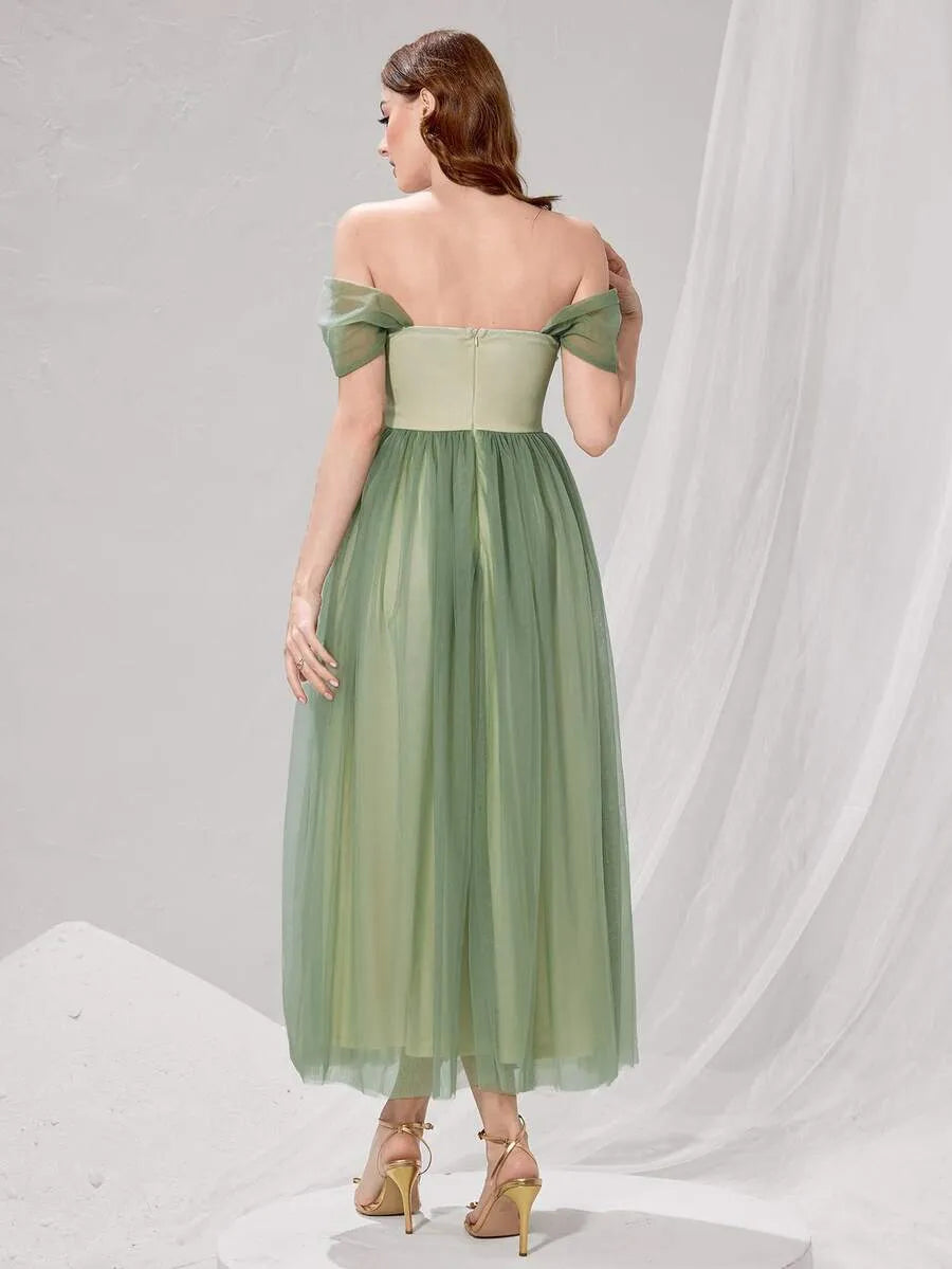 Elegant A-Line Off-Shoulder Short-Sleeve Zip-Back Tulle Midi Wedding Guest Dress