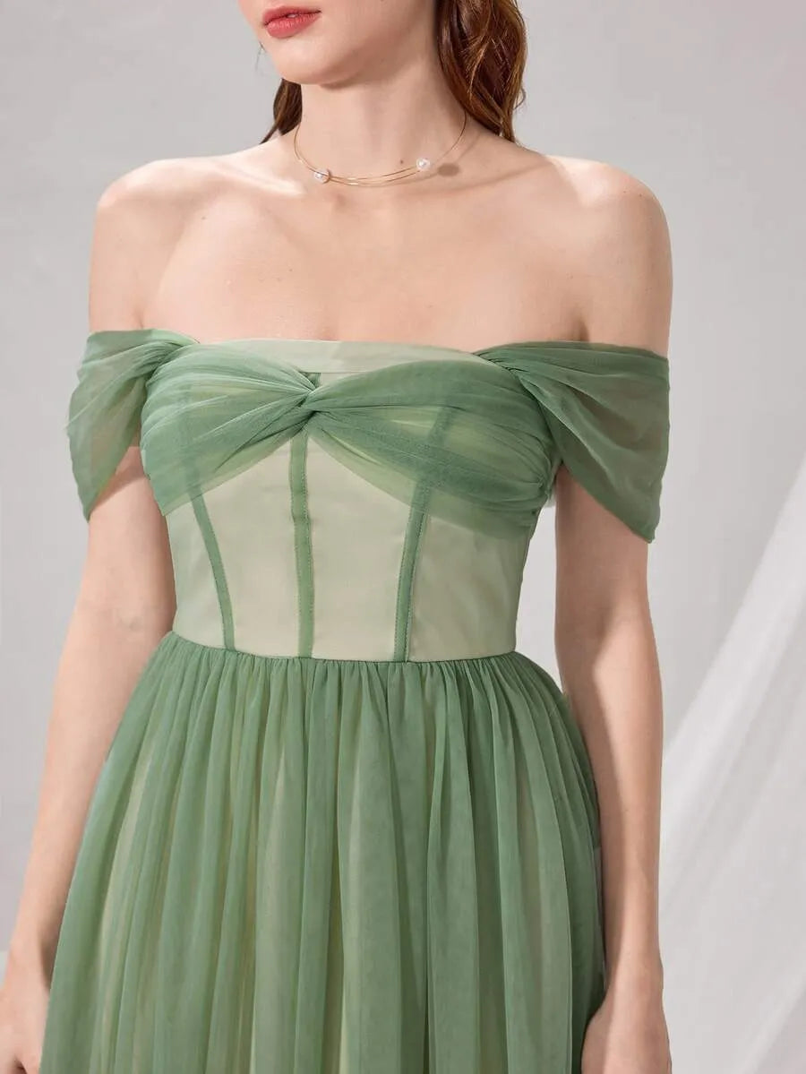 Elegant A-Line Off-Shoulder Short-Sleeve Zip-Back Tulle Midi Wedding Guest Dress
