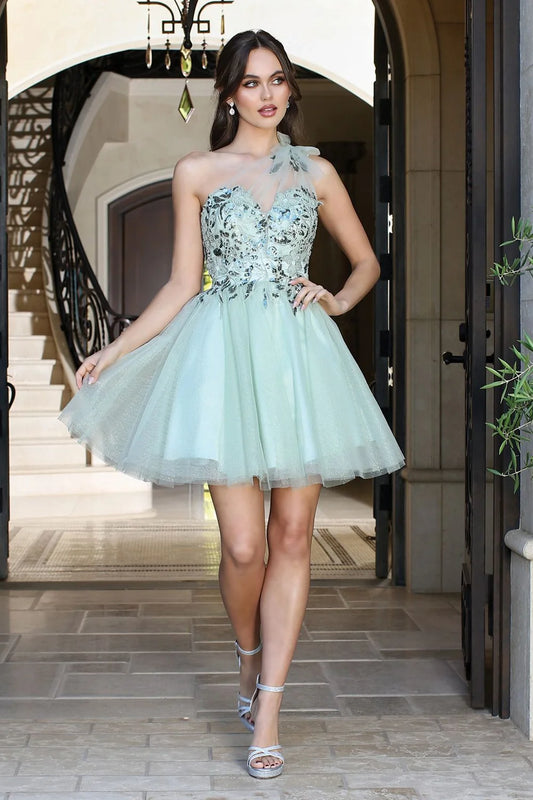 Charming A-Line Sweetheart One-Shoulder Open-Back Tulle Mini Homecoming Dress