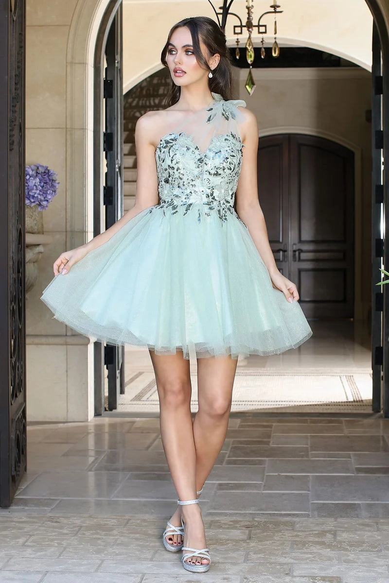 Charming A-Line Sweetheart One-Shoulder Open-Back Tulle Mini Homecoming Dress