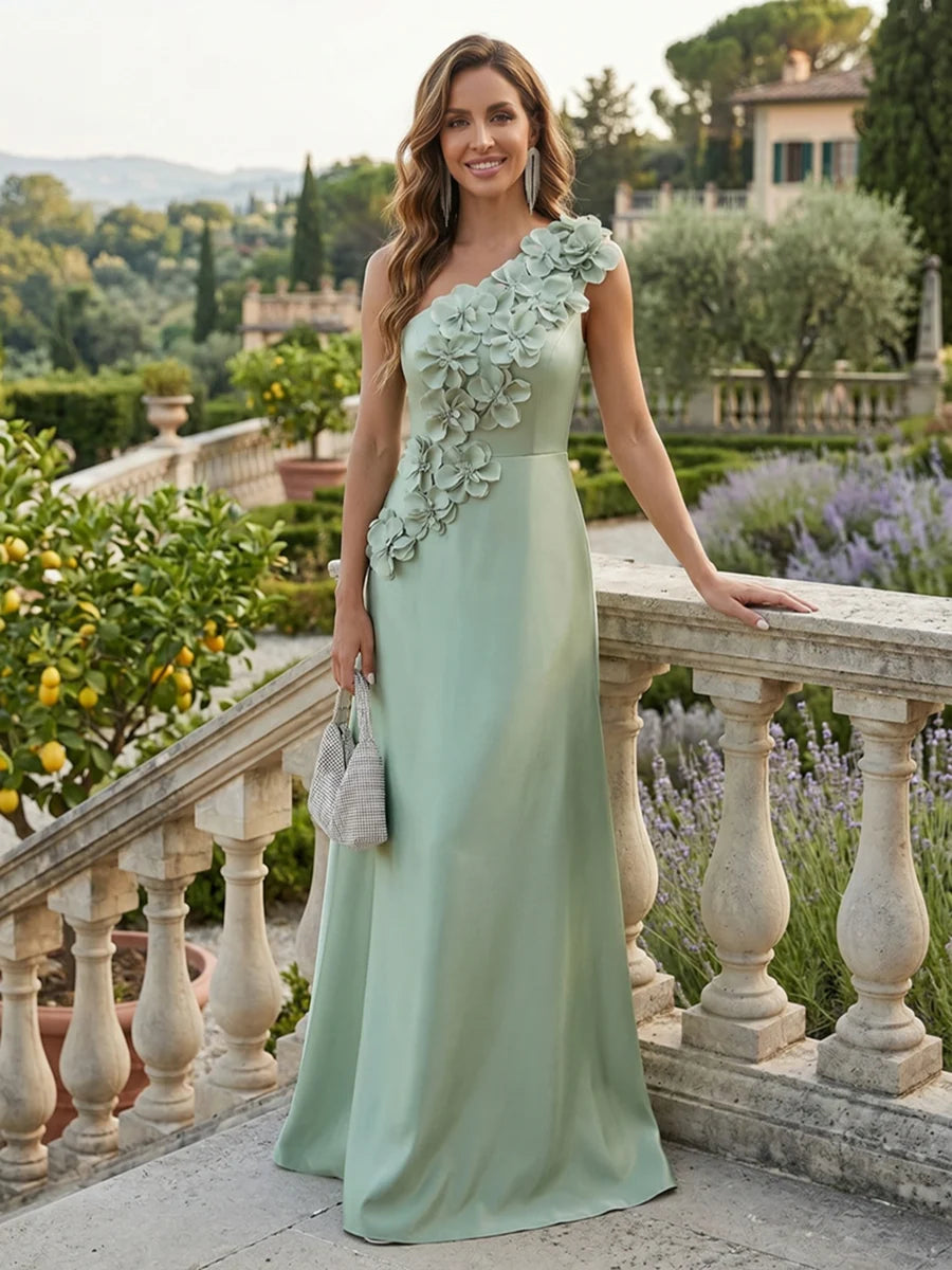 Elegant A-Line One Shoulder Sleeveless Satin Floor Length Wedding Guest Dress