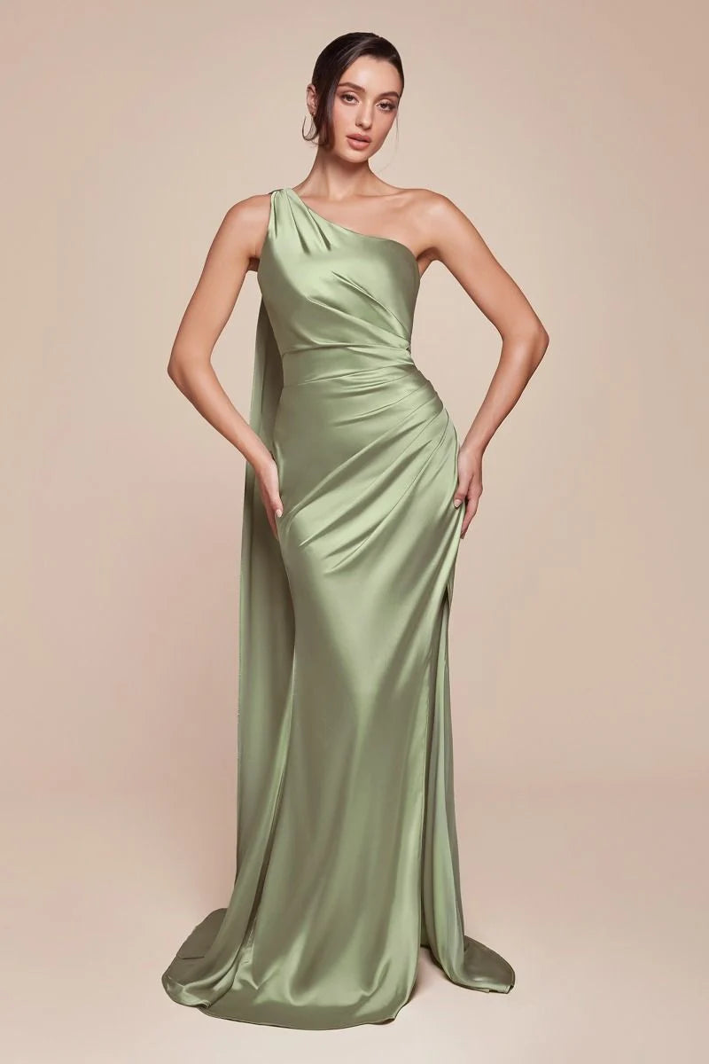 Loverlm sage green satin bridesmaid dress with one-shoulder neckline ruched waist draped shoulder panel and floor-length sheath skirt