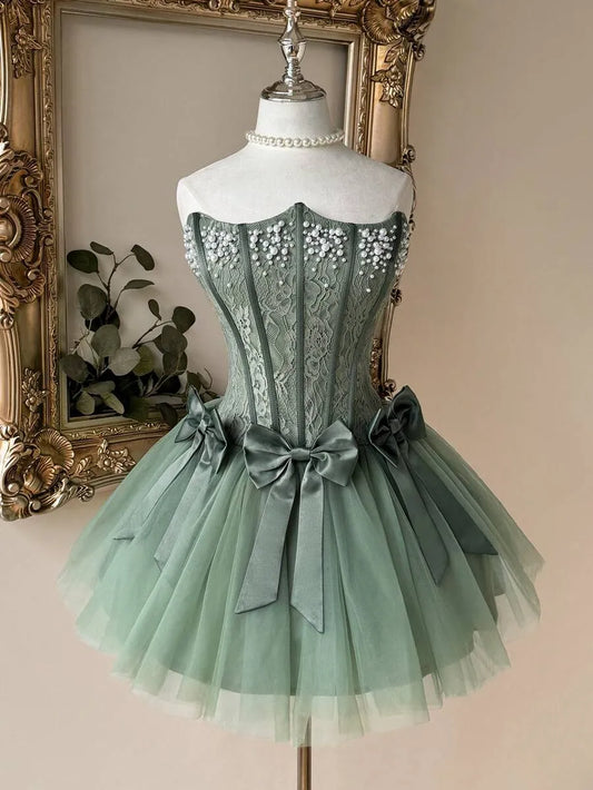 Loverlm sage green homecoming dress with pearl lace corset bodice bows and tulle mini skirt