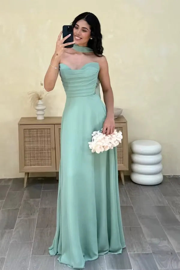 Loverlm sage green bridesmaid dress with sweetheart neckline ruched bodice scarf detail and flowing floor-length A-line skirt