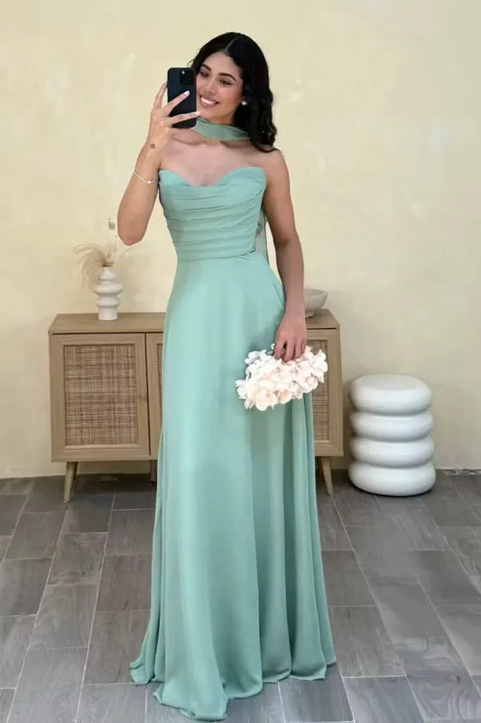 Loverlm sage green bridesmaid dress with sweetheart neckline ruched bodice scarf detail and flowing floor-length A-line skirt