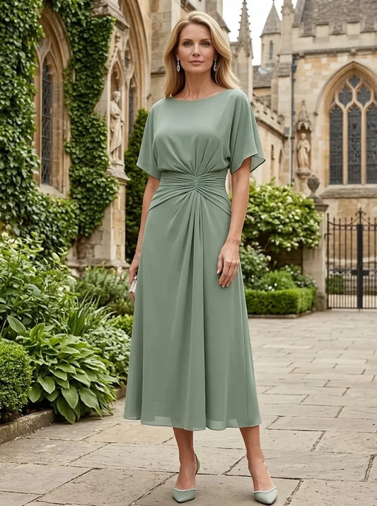 Loverlm sage green mother of the bride dress with round neckline flutter sleeves ruched waist and flowing A-line midi skirt