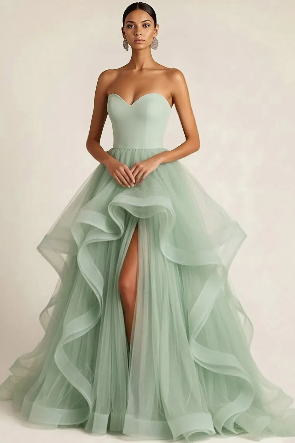 Loverlm light sage green strapless sweetheart ball gown prom dress with cascading ruffled skirt and front slit, front view