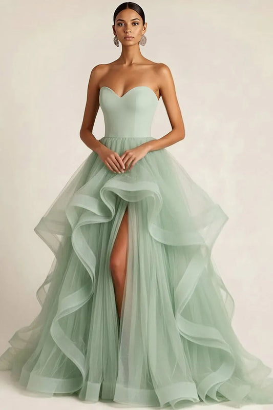 Loverlm light sage green strapless sweetheart ball gown prom dress with cascading ruffled skirt and front slit, front view