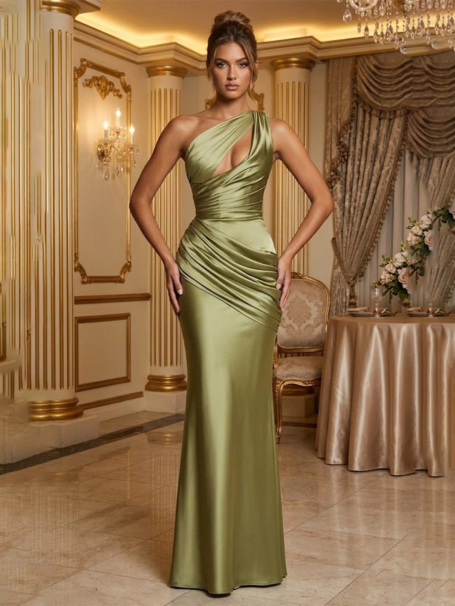 Loverlm sage green satin one-shoulder evening dress with asymmetric cutout and ruched fitted silhouette