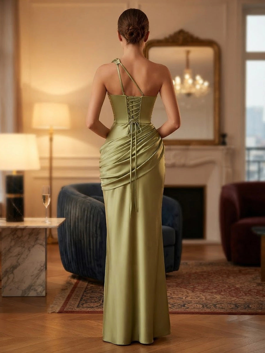 Elegant Sheath One-Shoulder Sleeveless Lace-Up Back Floor-Length Evening Dress