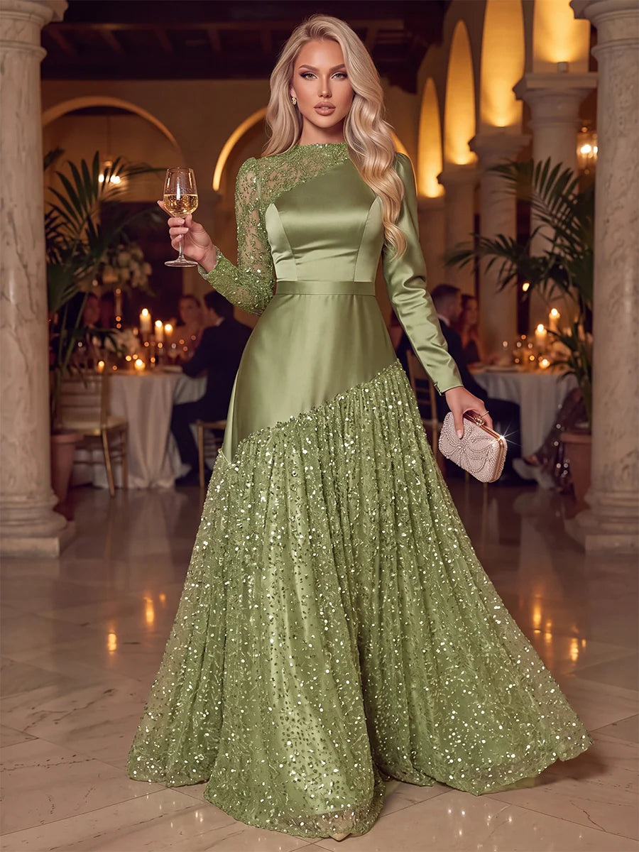 Sage green evening dress with asymmetrical neckline, contrasting long sleeves, sparkling sequin skirt, and satin-look bodice by Loverlm