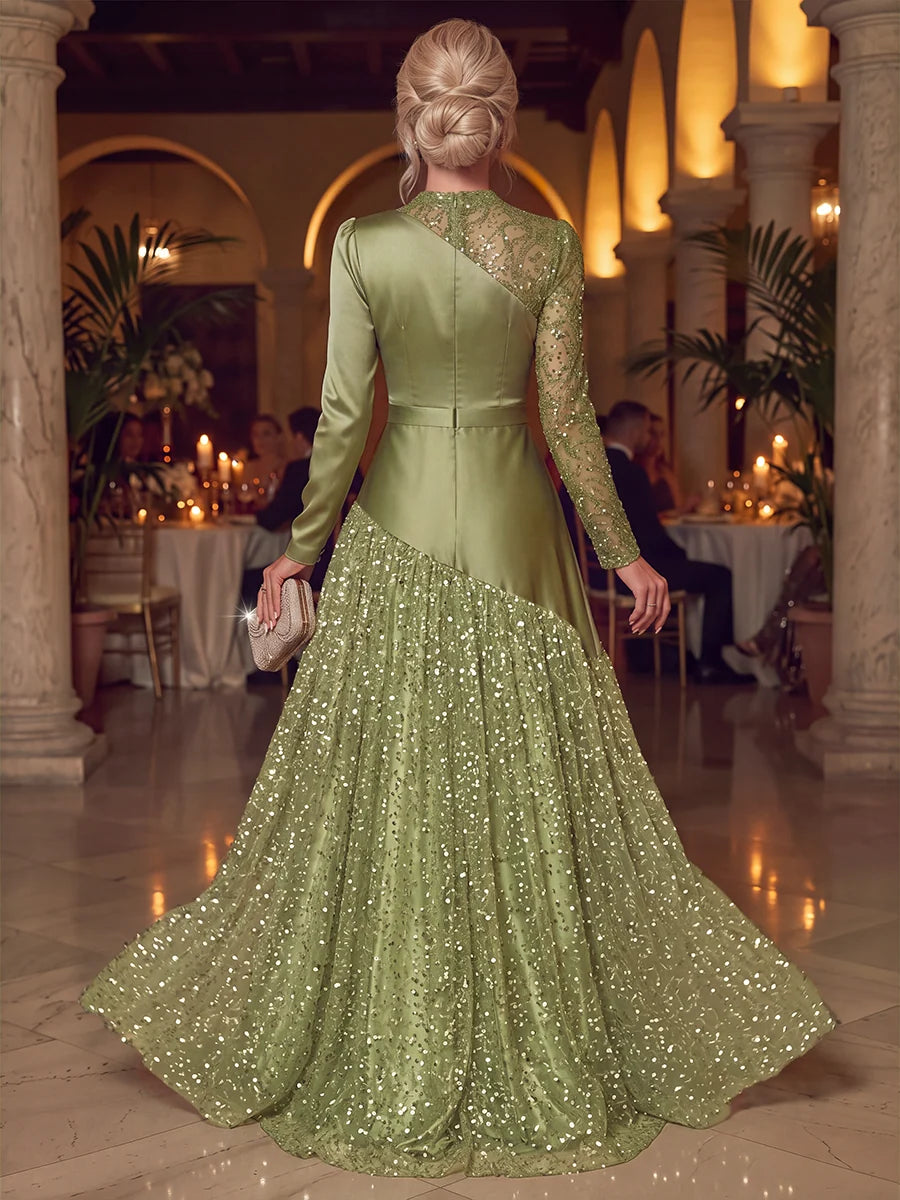Elegant A-Line Asymmetrical Long Sleeve Sequin Tulle Evening Dress
