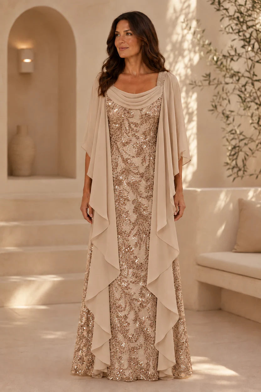 Elegant Sheath Cowl Neck Cape Sleeve Sequin Floor-Length Mother of the Bride Dress