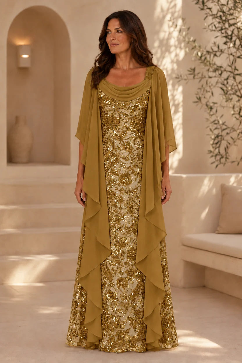 Elegant Sheath Cowl Neck Cape Sleeve Sequin Floor-Length Mother of the Bride Dress