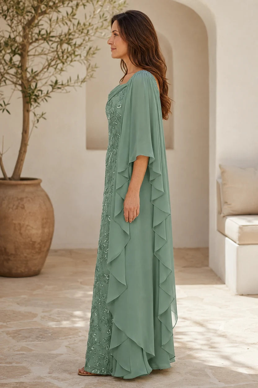 Elegant Sheath Cowl Neck Cape Sleeve Sequin Floor-Length Mother of the Bride Dress