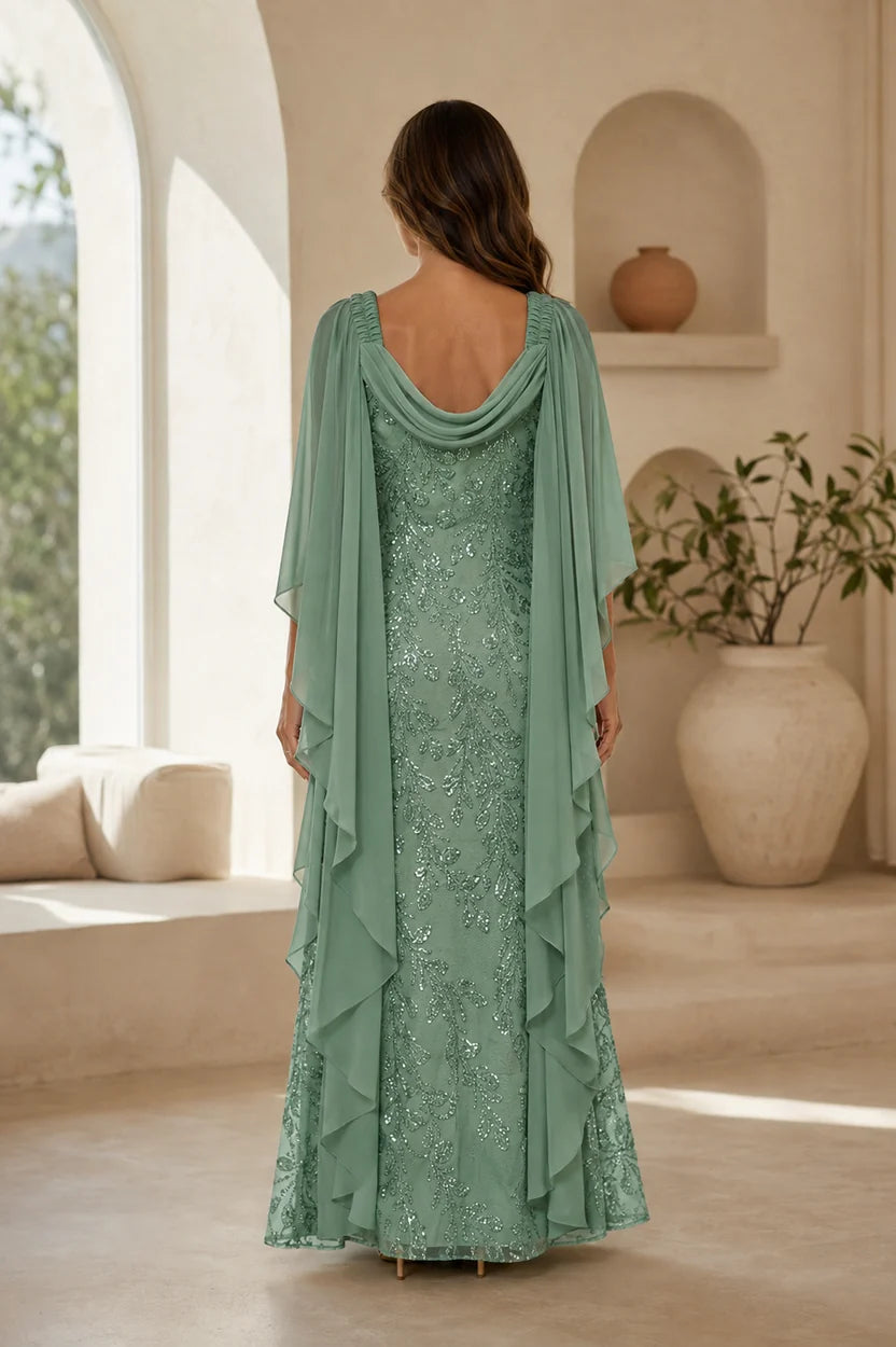 Elegant Sheath Cowl Neck Cape Sleeve Sequin Floor-Length Mother of the Bride Dress