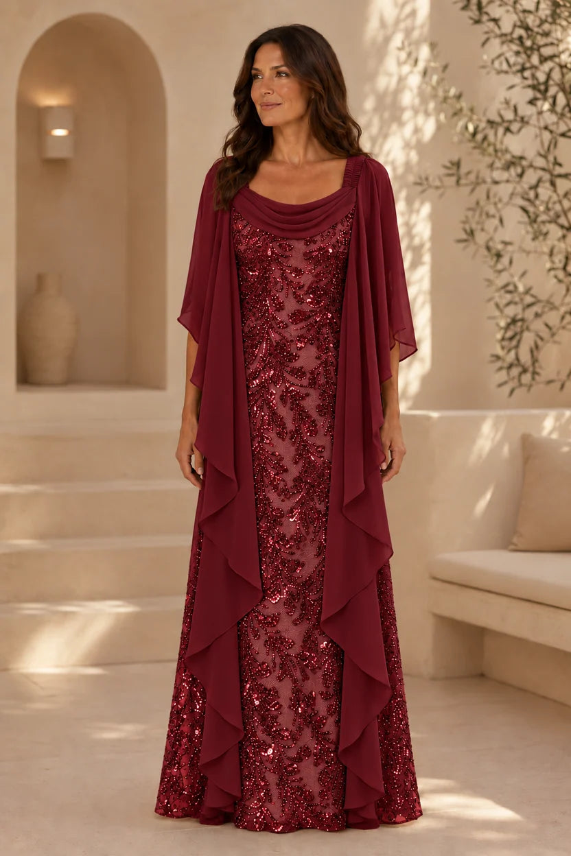 Elegant Sheath Cowl Neck Cape Sleeve Sequin Floor-Length Mother of the Bride Dress