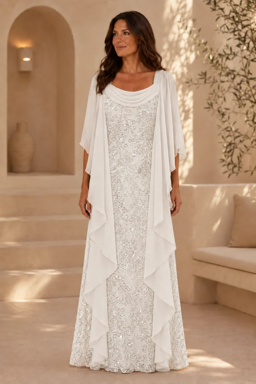 Elegant Sheath Cowl Neck Cape Sleeve Sequin Floor-Length Mother of the Bride Dress