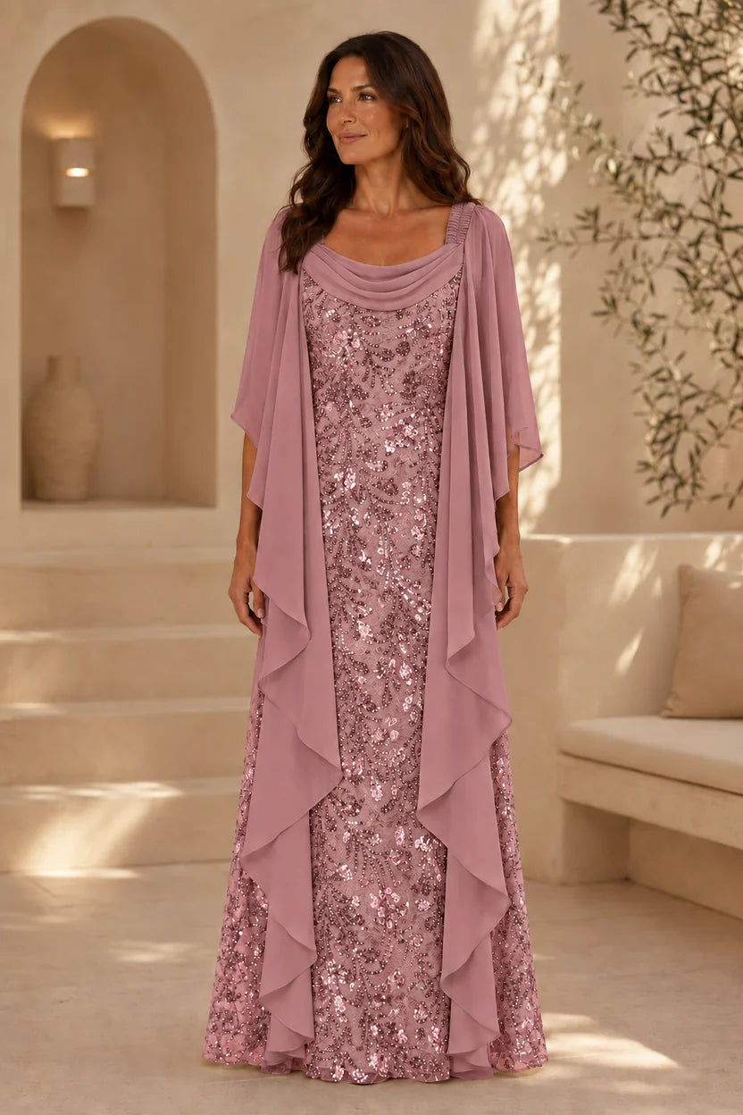 Elegant Sheath Cowl Neck Cape Sleeve Sequin Floor-Length Mother of the Bride Dress